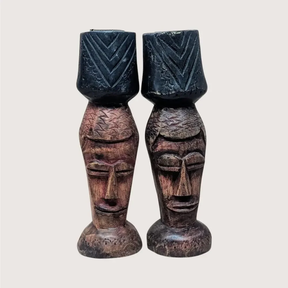 Vintage Hand Carved Wooden Figural Candle Holder Pair
